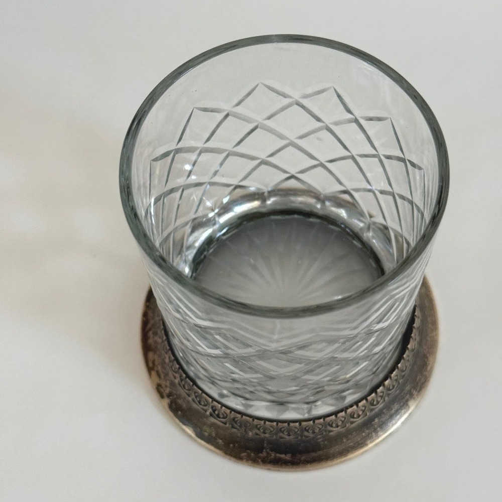 Vintage Cut Crystal Whiskey Glass Heavy Brass Base Diamond Lattice Tumbler - Picture 12 of 12